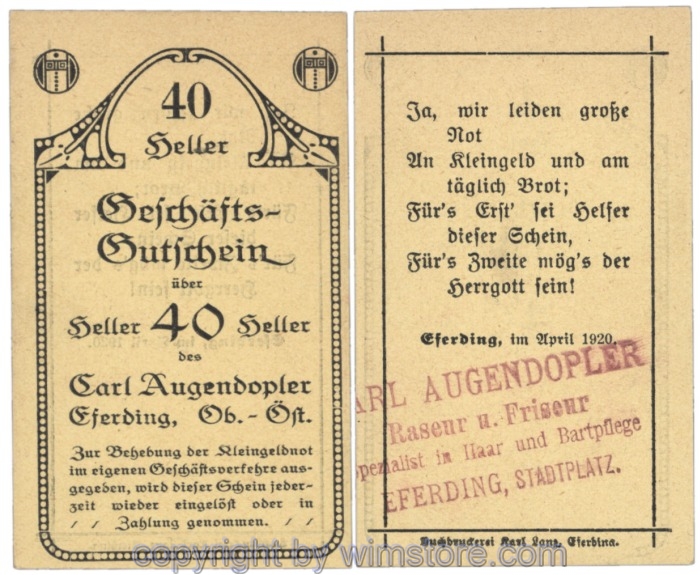 sn103365 Eferding, Prv. Karl Augendopler, J153IIdB2, 40 Heller; 1-