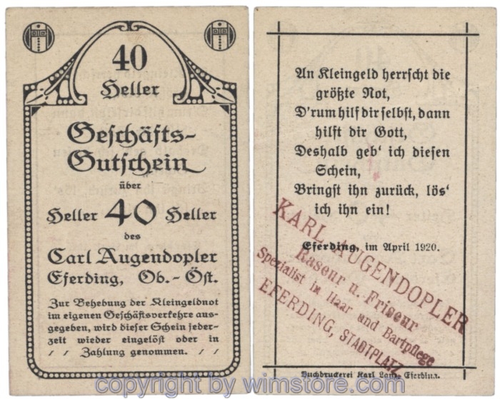 sn103366 Eferding, Prv. Karl Augendopler, J153IIdB3, 40 Heller; 1-