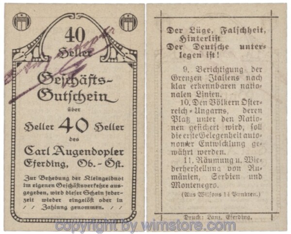 Eferding, Prv. Karl Augendopler, J153IIIBa4, 40 Heller; 1