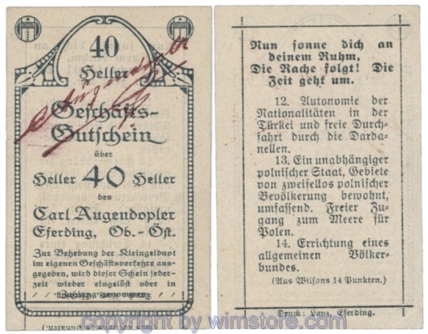 Eferding, Prv. Karl Augendopler, J153IIIBb5, 40 Heller, Abart; 1