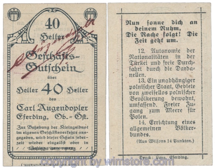 sn103373 Eferding, Prv. Karl Augendopler, J153IIIBb5, 40 Heller, Abart; 1