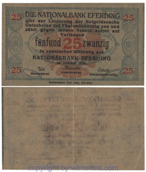 Eferding, Prv. Karl Lanz, Buchdruckerei, J157a2, Juxschein, 25 in span. Währung; 3