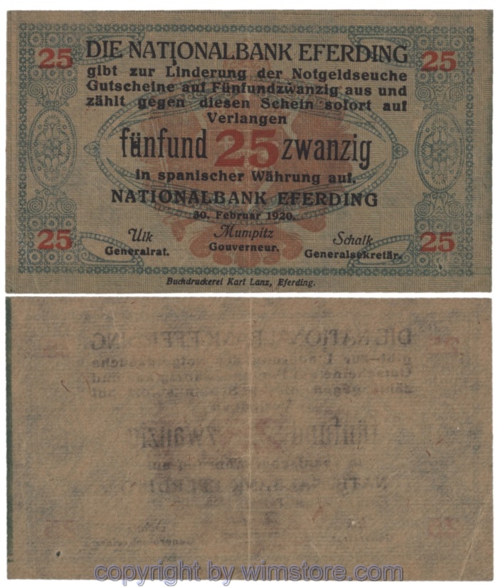 sn103379 Eferding, Prv. Karl Lanz, Buchdruckerei, J157a2, Juxschein, 25 in span. Währung; 3