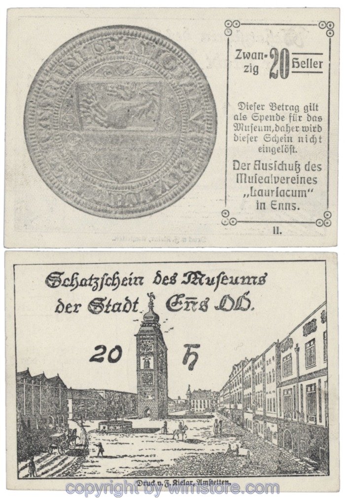 Enns, Prv. Schatzscheine des Museums der Stadt Enns, J176f68, 20 Heller; 2-, fleckig