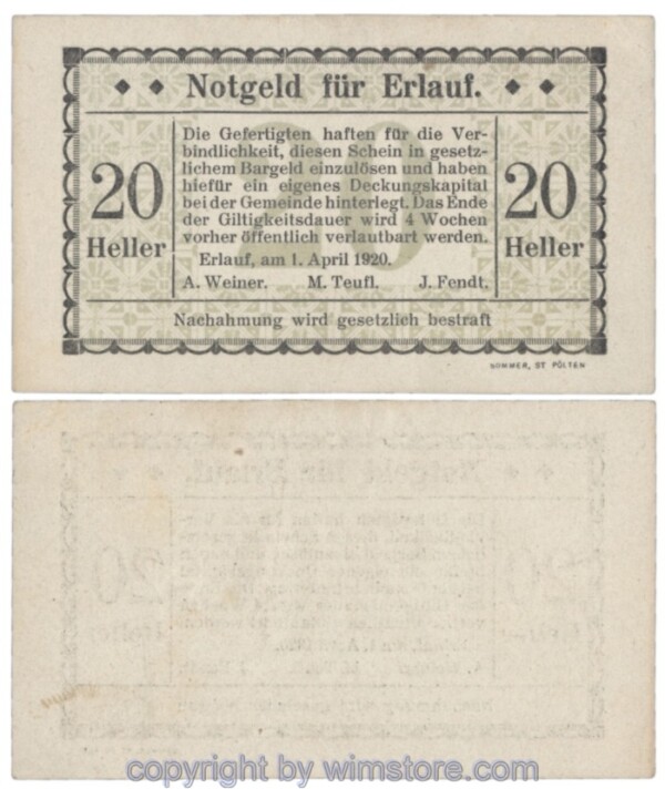 Erlauf, Prv. A. Weiner, M. Teufl, J. Fendt, J00182a, 20 Heller; 1-