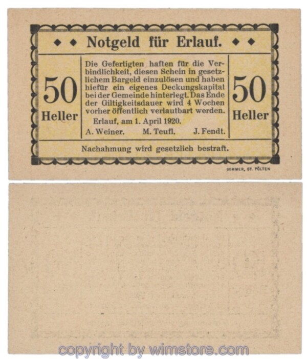 Erlauf, Prv. A. Weiner, M. Teufl, J. Fendt, J00182a, 50 Heller; 1