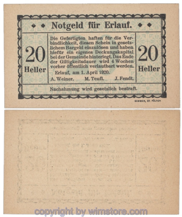 Erlauf, Prv. A. Weiner, M. Teufl, J. Fendt, J00182aF, 20 Heller; 1