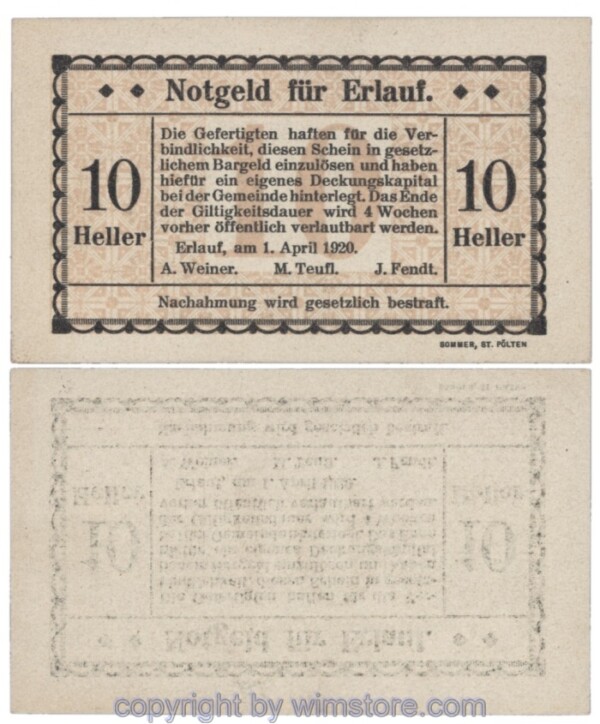 Erlauf, Prv. A. Weiner, M. Teufl, J. Fendt, J00182b, 10 Heller; 1