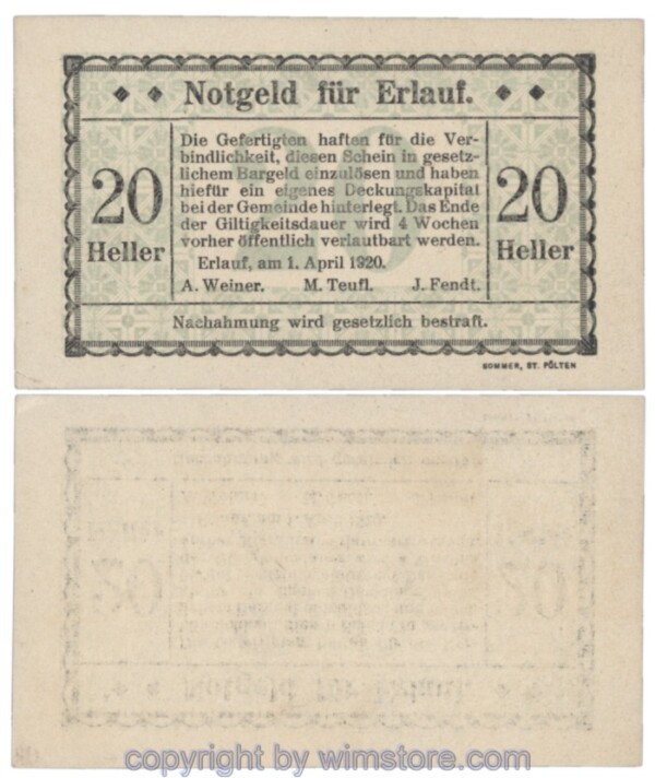 Erlauf, Prv. A. Weiner, M. Teufl, J. Fendt, J00182b, 20 Heller; 1-