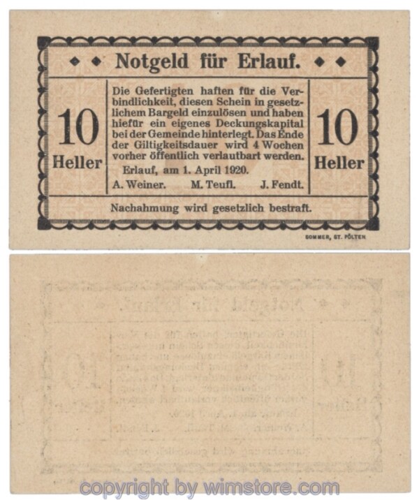 Erlauf, Prv. A. Weiner, M. Teufl, J. Fendt, J00182bF, 10 Heller; 1