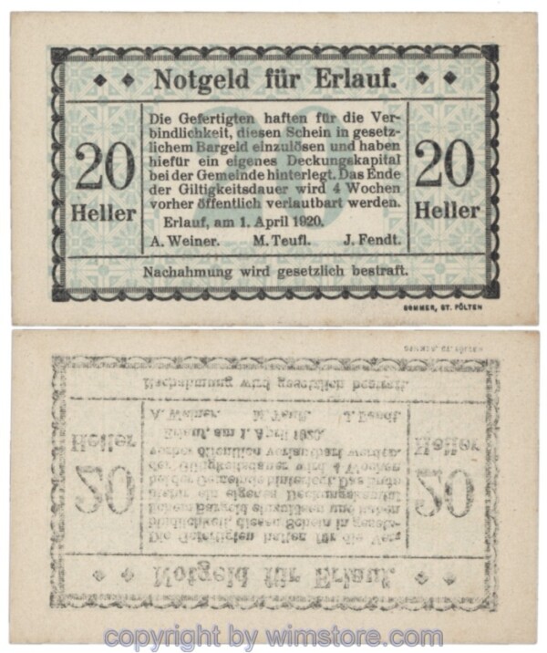 Erlauf, Prv. A. Weiner, M. Teufl, J. Fendt, J00182bF, 20 Heller; 1-