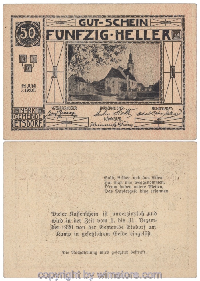 Etsdorf, J00190q42, 50 Heller; 1-, kleiner Riss rechts oben