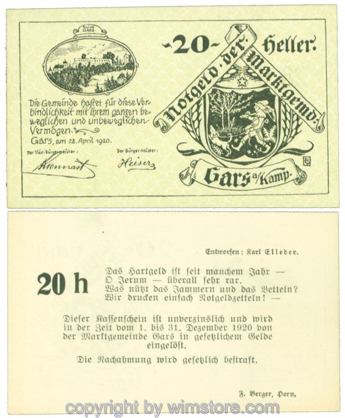 sn104290 Gars am Kamp, J00222a, 20 Heller; 1