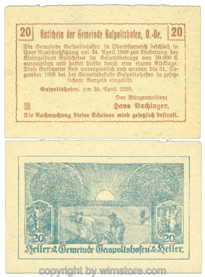 sn104320 Gaspoltshofen, J00225a2, 20 Heller; 1-