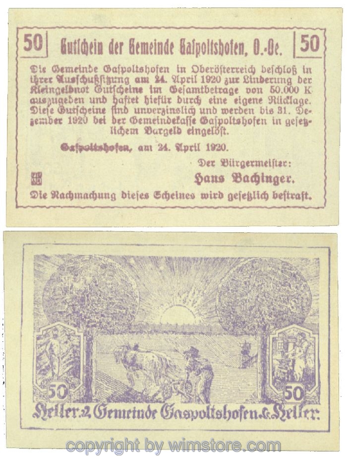 sn104328 Gaspoltshofen, J00225b, 50 Heller; 1