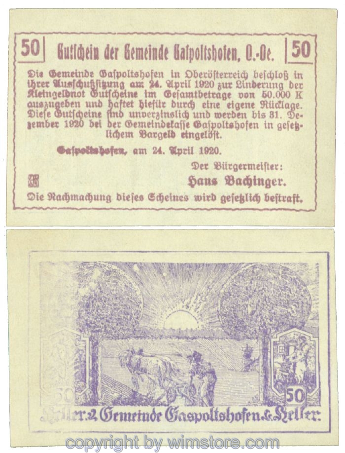 sn104330 Gaspoltshofen, J00225bx, 50 Heller; 1
