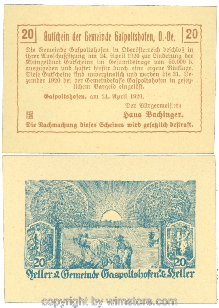 sn104332 Gaspoltshofen, J00225d, 20 Heller; 1