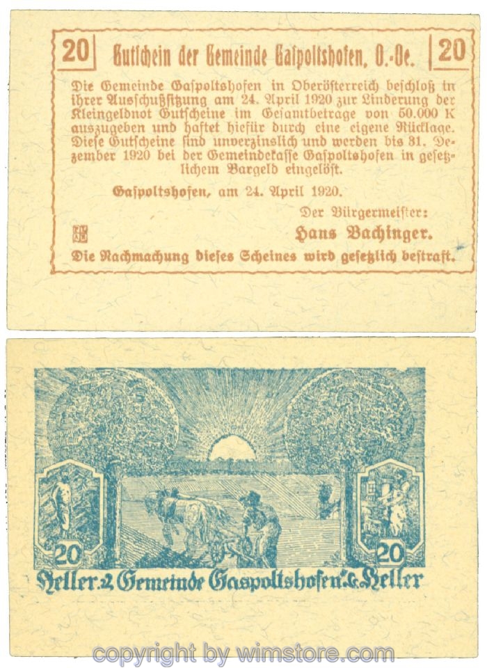 sn104334 Gaspoltshofen, J00225d2, 20 Heller; 1