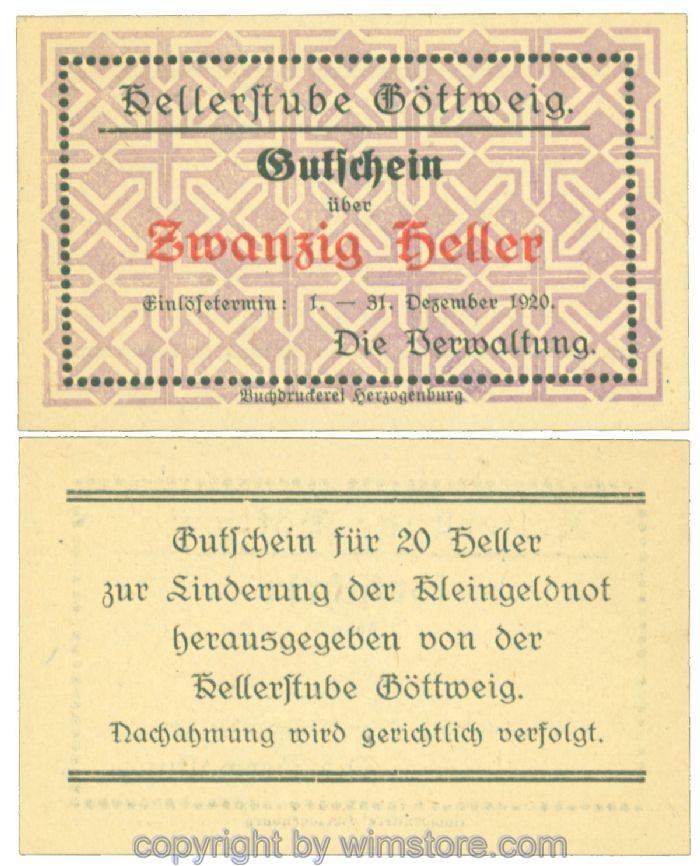 sn104674 Göttweig, Prv. Kellerstube, J00245Ib11, 20 Heller; 1