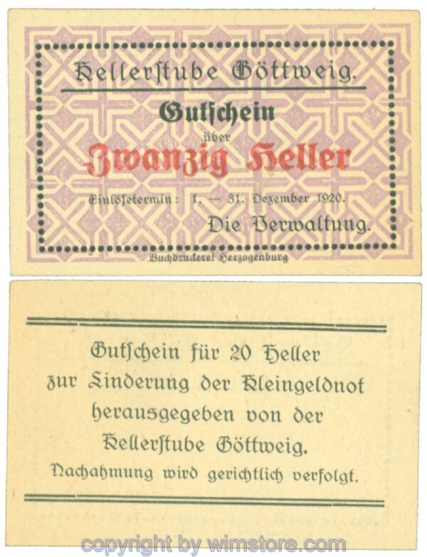Göttweig, Prv. Kellerstube, J00245Ib12, 20 Heller; 1
