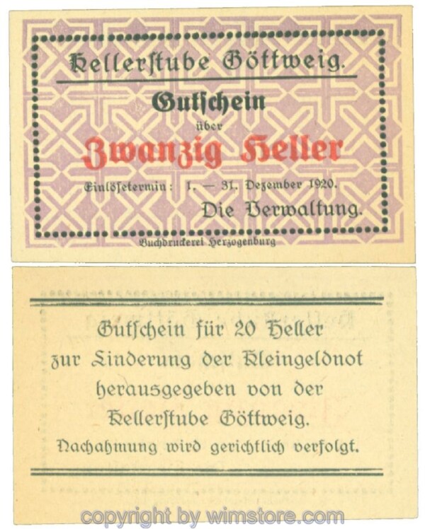 Göttweig, Prv. Kellerstube, J00245Ic16, 20 Heller; 1