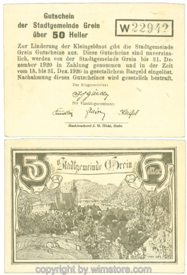 Grein, J00276Ibb, 50 Heller, Buchstabe W; 1-, fleckig