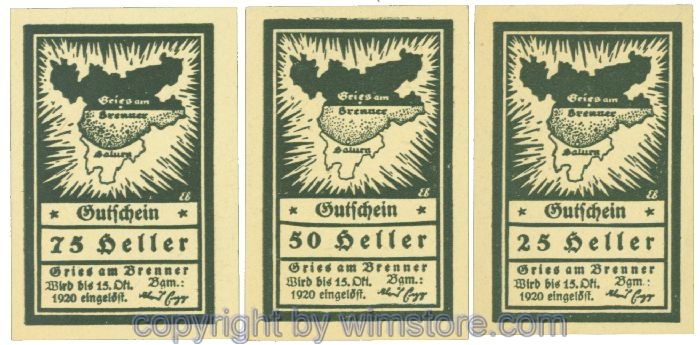 Gries am Brenner, J00287Ie, Serie 25, 50, 75 Heller; 1