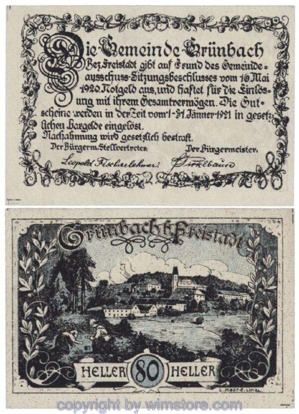 Grünbach b. Freistadt, J00302, 80 Heller; 1-
