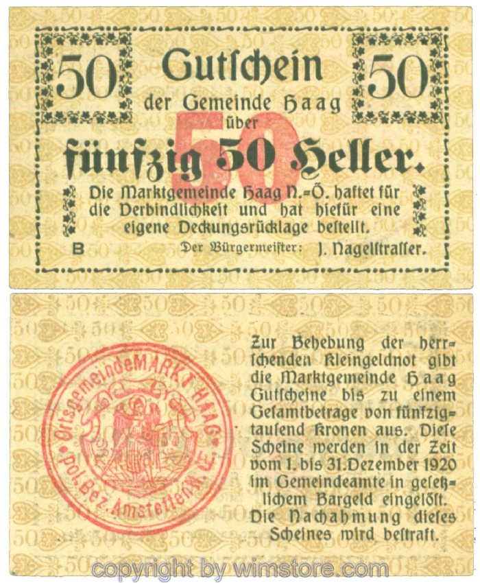 Haag (Markt), J00318I1e3, 50 Heller; 1-