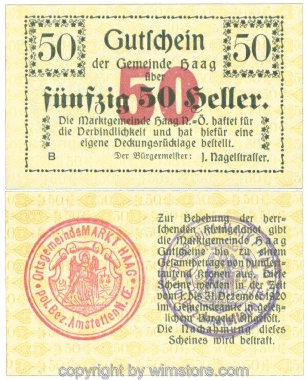 Haag (Markt), J00318I1i, 50 Heller; 1