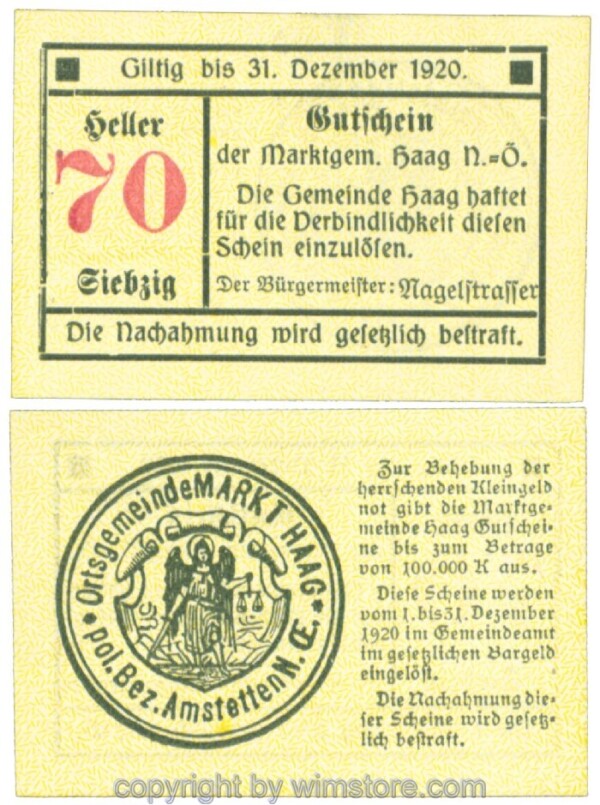 Haag (Markt), J00318Vf1, 70 Heller; 1