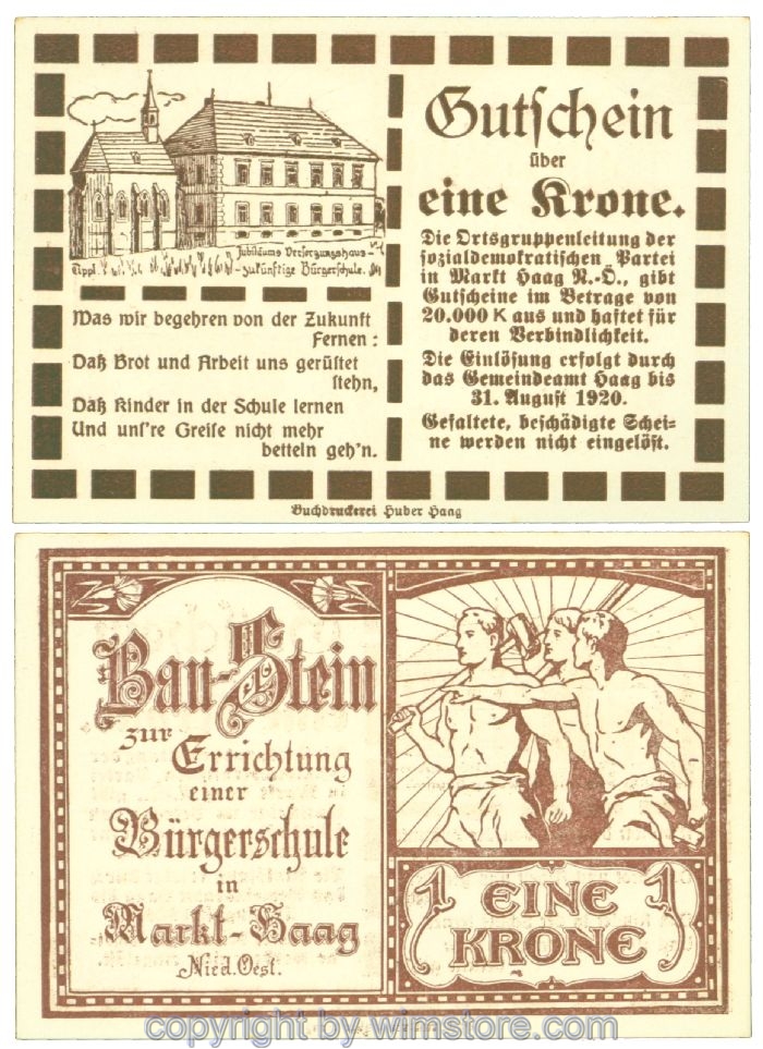 Haag, Prv. Ortsgruppenleitung der Sozialdemokratischen Partei, J00321d1, 1 Krone; 1