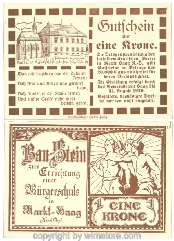 Haag, Prv. Ortsgruppenleitung der Sozialdemokratischen Partei, J00321d2, 1 Krone; 1