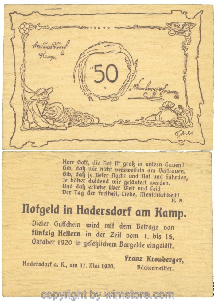 Hadersdorf am Kamp, Prv. Franz Kronberger, Bäckermeister, J00325a, 50 Heller; 1