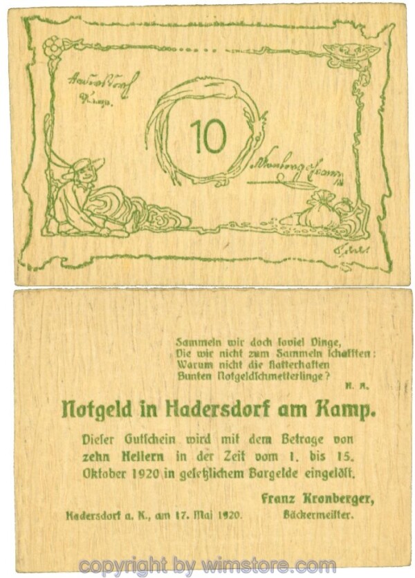Hadersdorf am Kamp, Prv. Franz Kronberger, Bäckermeister, J00325b, 10 Heller; 1