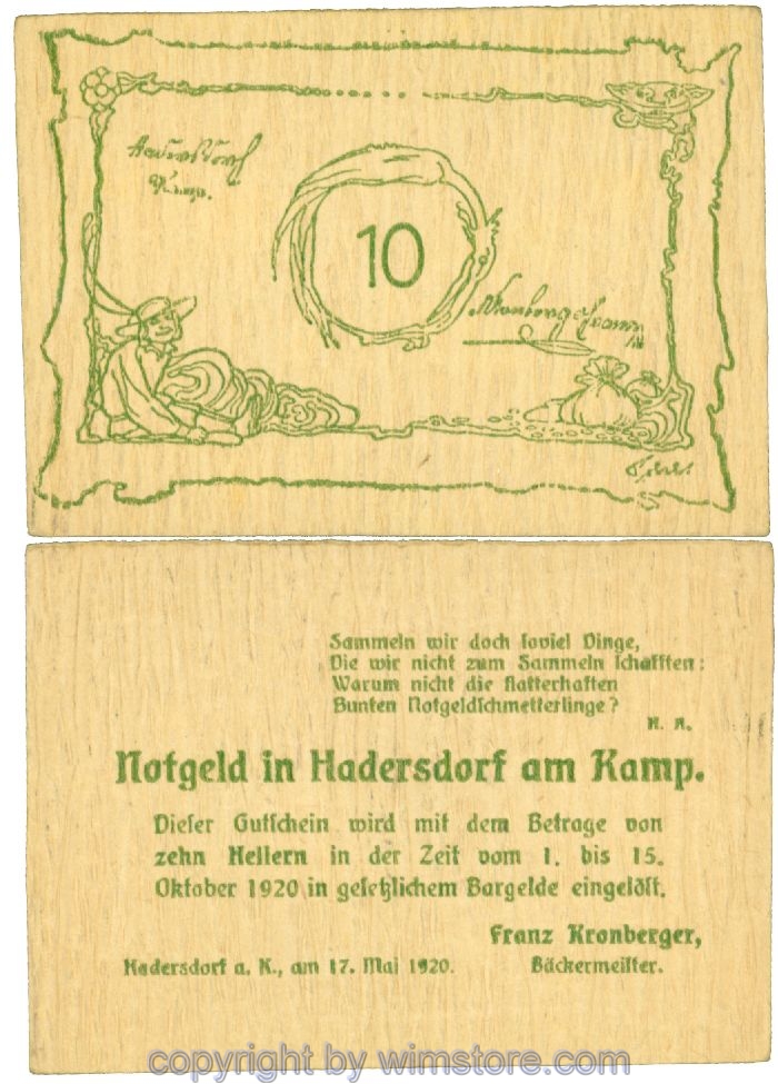 Hadersdorf am Kamp, Prv. Franz Kronberger, Bäckermeister, J00325b, 10 Heller; 1