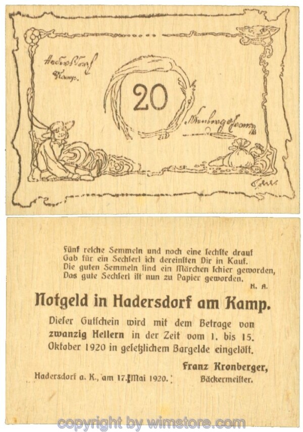 Hadersdorf am Kamp, Prv. Franz Kronberger, Bäckermeister, J00325b, 20 Heller; 1