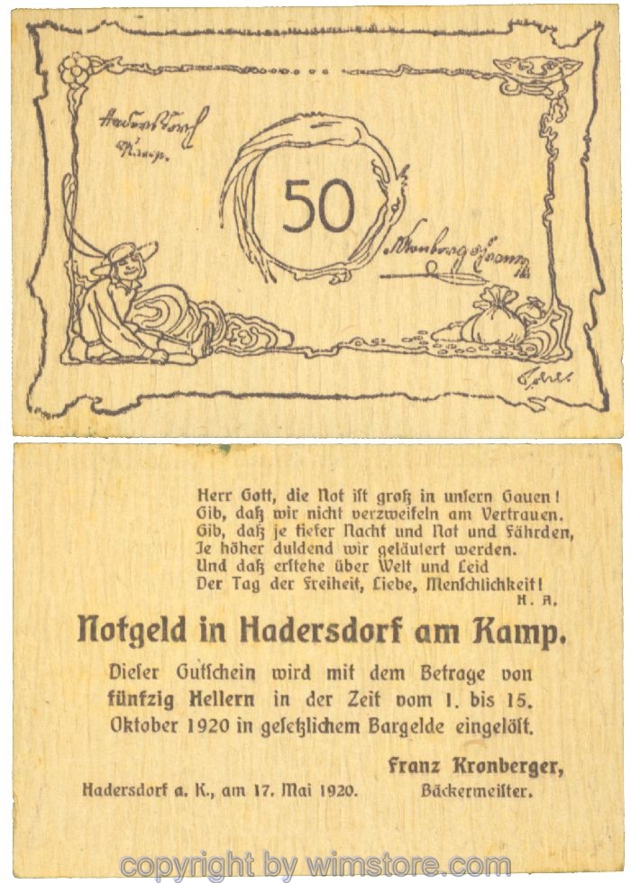 Hadersdorf am Kamp, Prv. Franz Kronberger, Bäckermeister, J00325b, 50 Heller; 1