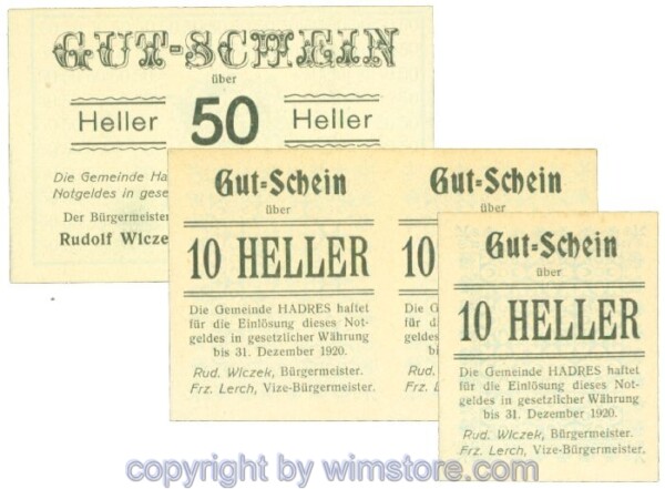 Hadres, J00328a, Serie 10, 20, 50 Heller; 1