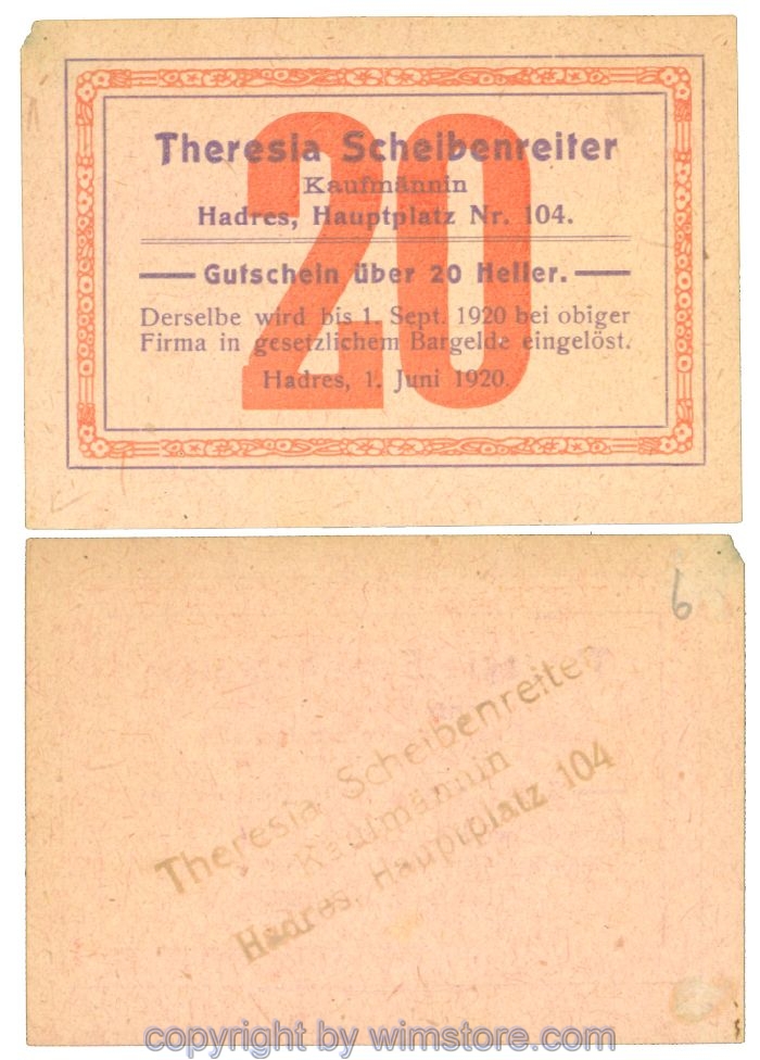 Hadres, Prv. Theresia Scheibenreiter, J00329b, 20 Heller; 1-