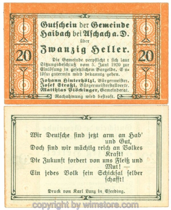 Haibach bei Aschach, J00332Ib, 20 Heller; 1
