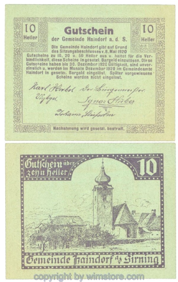 sn106159 Haindorf a.d. Sierning, J00339, 10 Heller; 1-