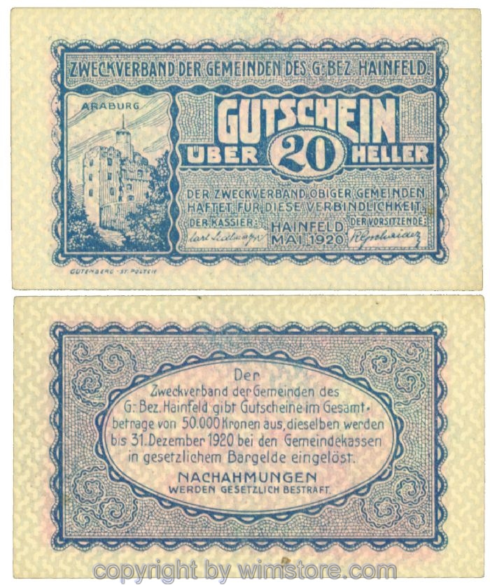 Hainfeld, Prv. Zweckverband, J00340a, 20 Heller; 1-