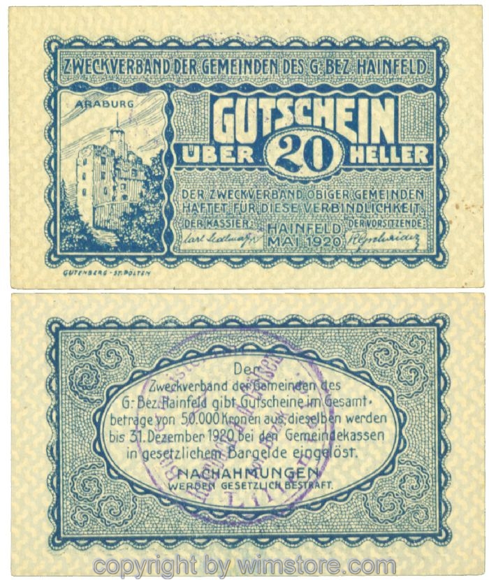 Hainfeld, Prv. Zweckverband, J00340l, 20 Heller; 1