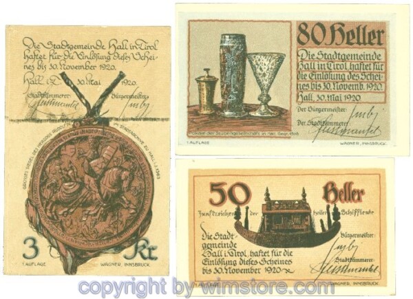 Hall in Tirol, J00342IIa, 50, 80 Heller, 3 Kronen; 1