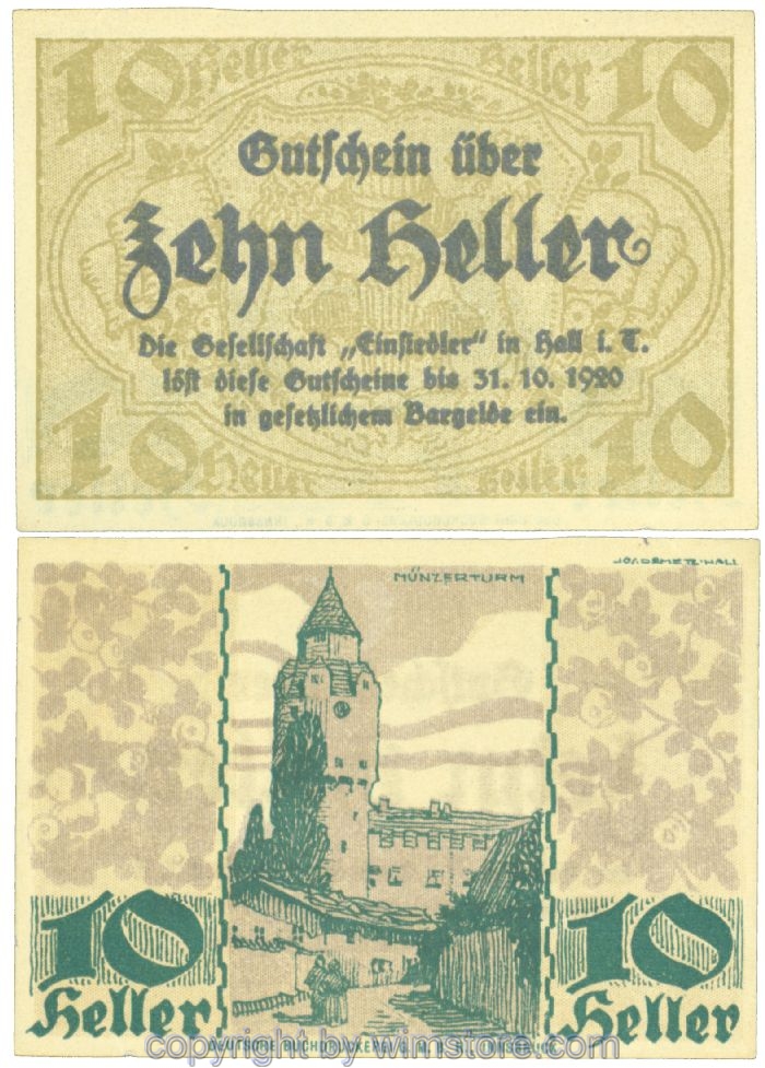 sn106225 Hall in Tirol, Prv. Gesellschaft Einsiedler, J00343a, 10 Heller; 1