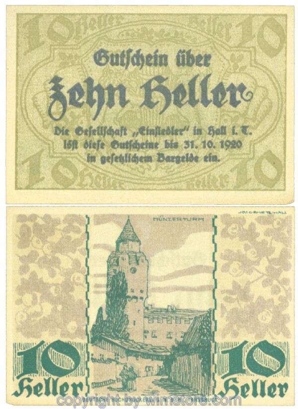 Hall in Tirol, Prv. Gesellschaft Einsiedler, J00343a, 10 Heller; 1-