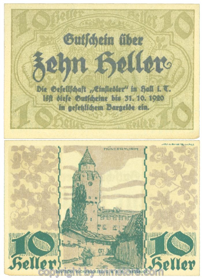 sn106226 Hall in Tirol, Prv. Gesellschaft Einsiedler, J00343a, 10 Heller; 1-