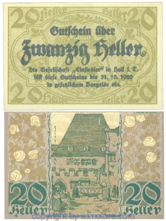 sn106227 Hall in Tirol, Prv. Gesellschaft Einsiedler, J00343a, 20 Heller; 1