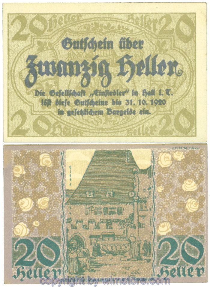 sn106228 Hall in Tirol, Prv. Gesellschaft Einsiedler, J00343a, 20 Heller; 1-